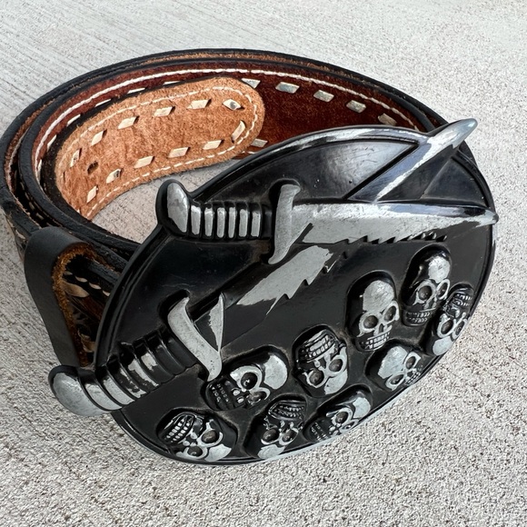 Other - Vintage Tooled Leather Belt with Large Skull & Daggers Buckle – Size 36